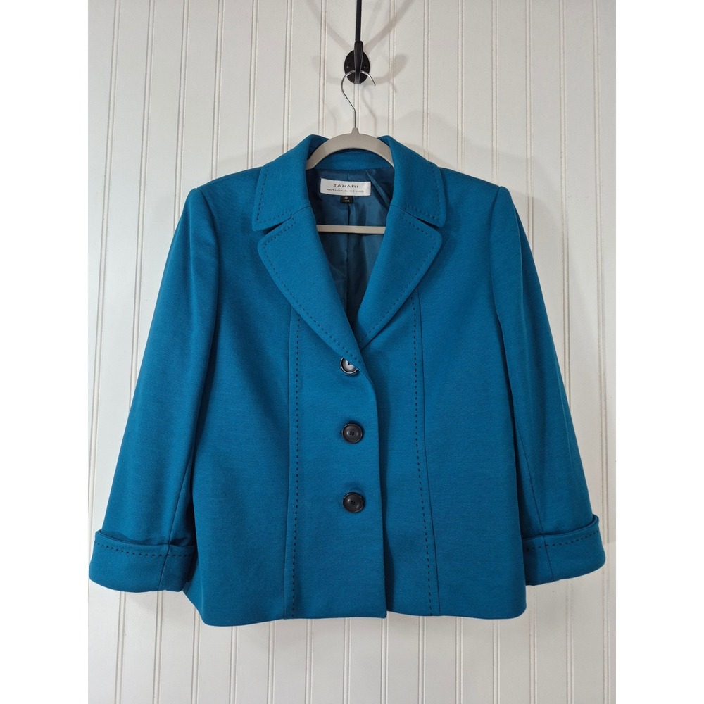 Tahari Teal Blue Pick Stitch Blazer Jacket Womens 10 Colorful Career  Academia